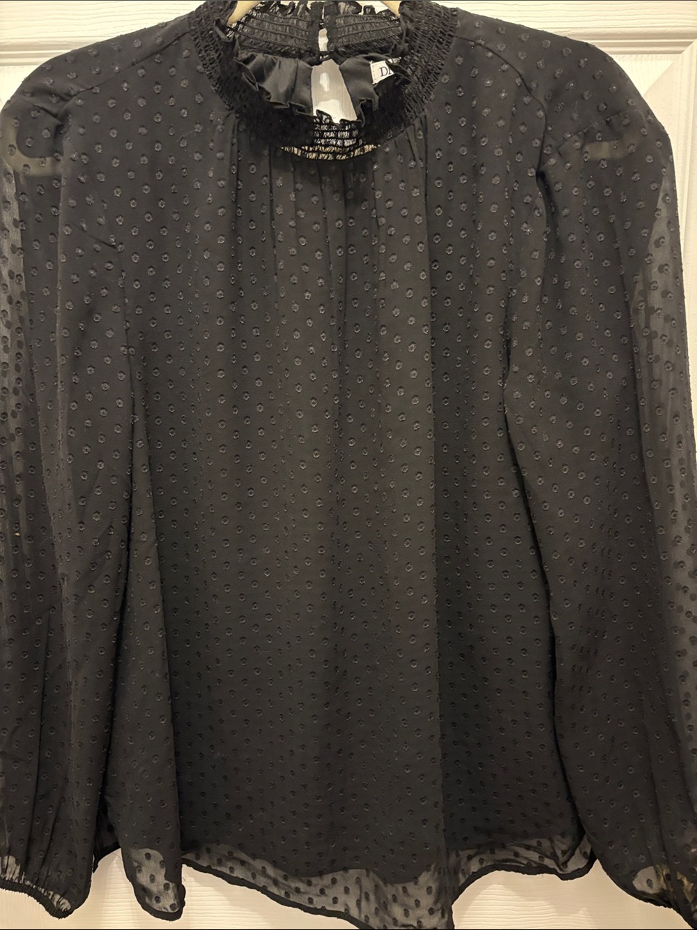 DR2 Black Swiss Dot Ruffle-Neck Sheer Blouse